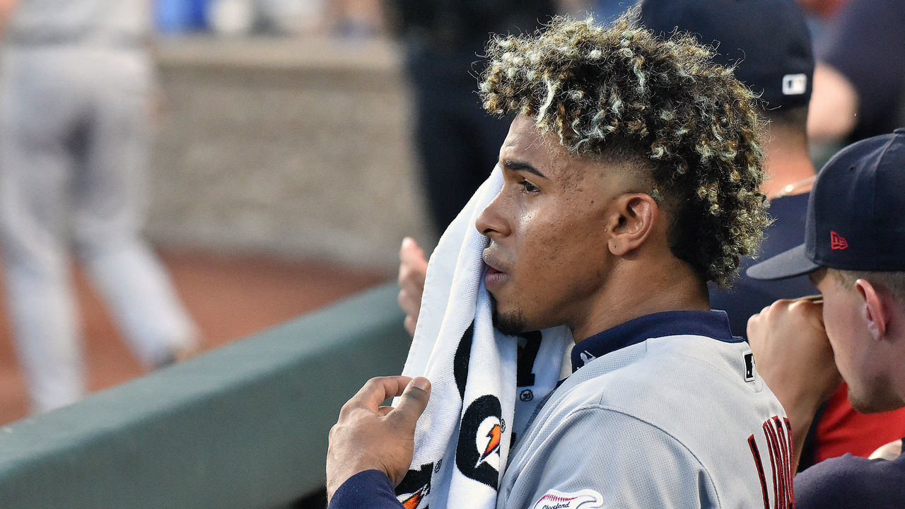 KANSAS CITY, MO - JULY 02: Cleveland Indians shortstop Francisco Lindor (12) watches his team play during a Major League Baseball game between the Cleveland Indians and the Kansas City Royals on July 02, 2019, at Kauffman Stadium, Kansas City, Mo.