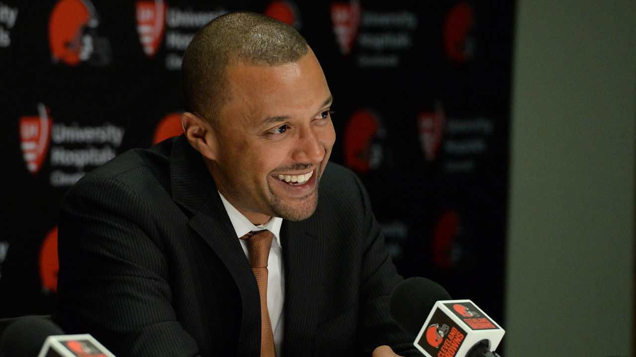 BEREA, OH - APRIL 27, 2017: Executive vice president of football operations Sashi Brown of the Cleveland Browns answers questions from the media during a press conference after the first round of the 2017 NFL Draft on April 27, 2017 at the Cleveland Browns training complex in Berea, Ohio. 17-04270190 2017 Nick Cammett/Diamond Images/Getty Images