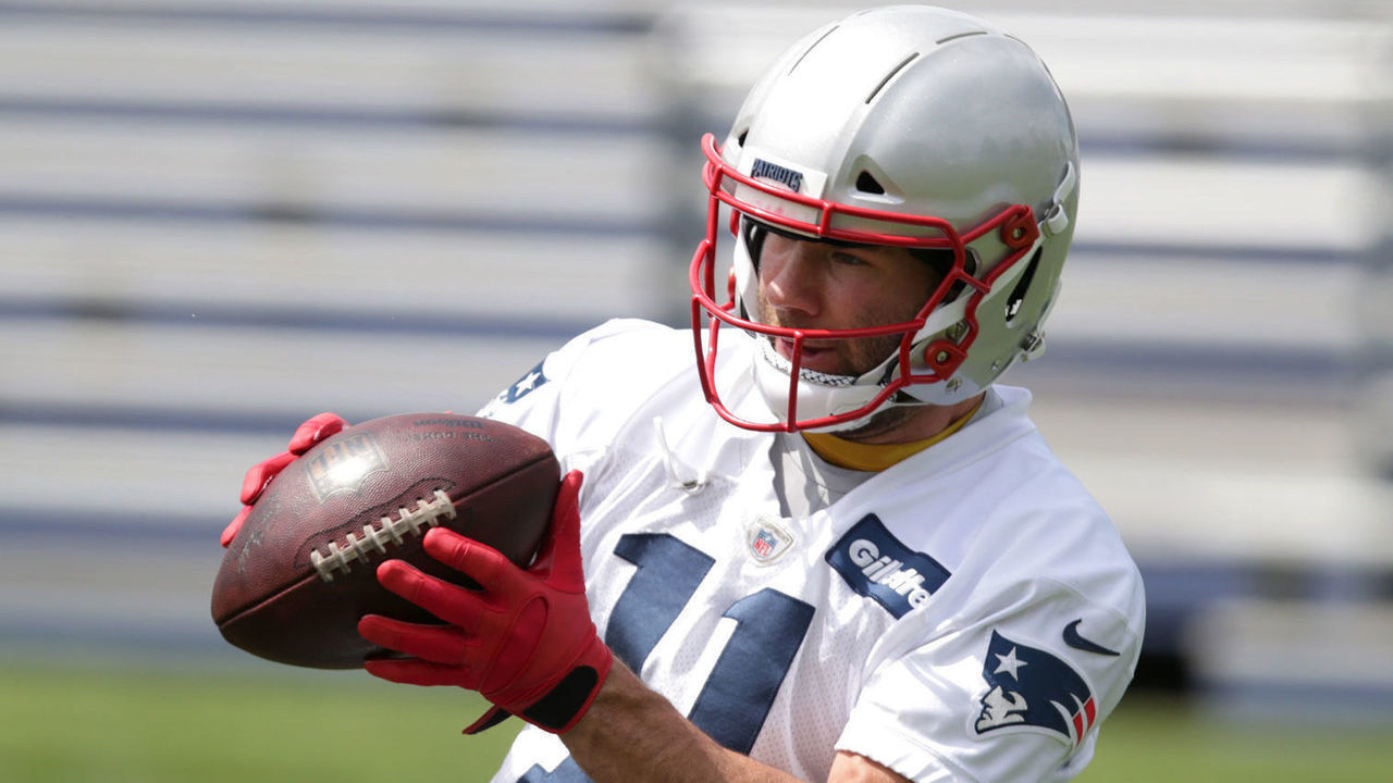 FOXBOROUGH, MA - JUNE 6: New England Patriots wide receiver Julian Edelman carries a ball during Patriots minicamp at Gillette Stadium in Foxborough, MA on June 6, 2019.