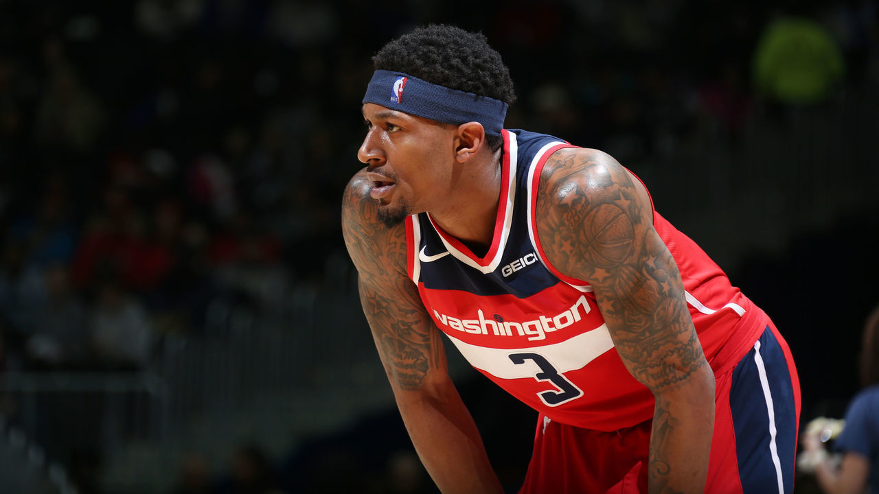 WASHINGTON, DC - APRIL 5: Bradley Beal #3 of the Washington Wizards looks on against the San Antonio Spurs on April 5, 2019 at Capital One Arena in Washington, DC. Mandatory Copyright Notice: Copyright 2019 NBAE