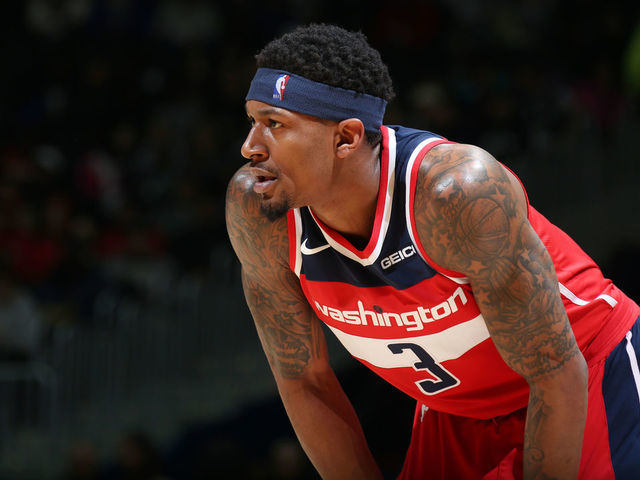 WASHINGTON, DC - APRIL 5: Bradley Beal #3 of the Washington Wizards looks on against the San Antonio Spurs on April 5, 2019 at Capital One Arena in Washington, DC. Mandatory Copyright Notice: Copyright 2019 NBAE