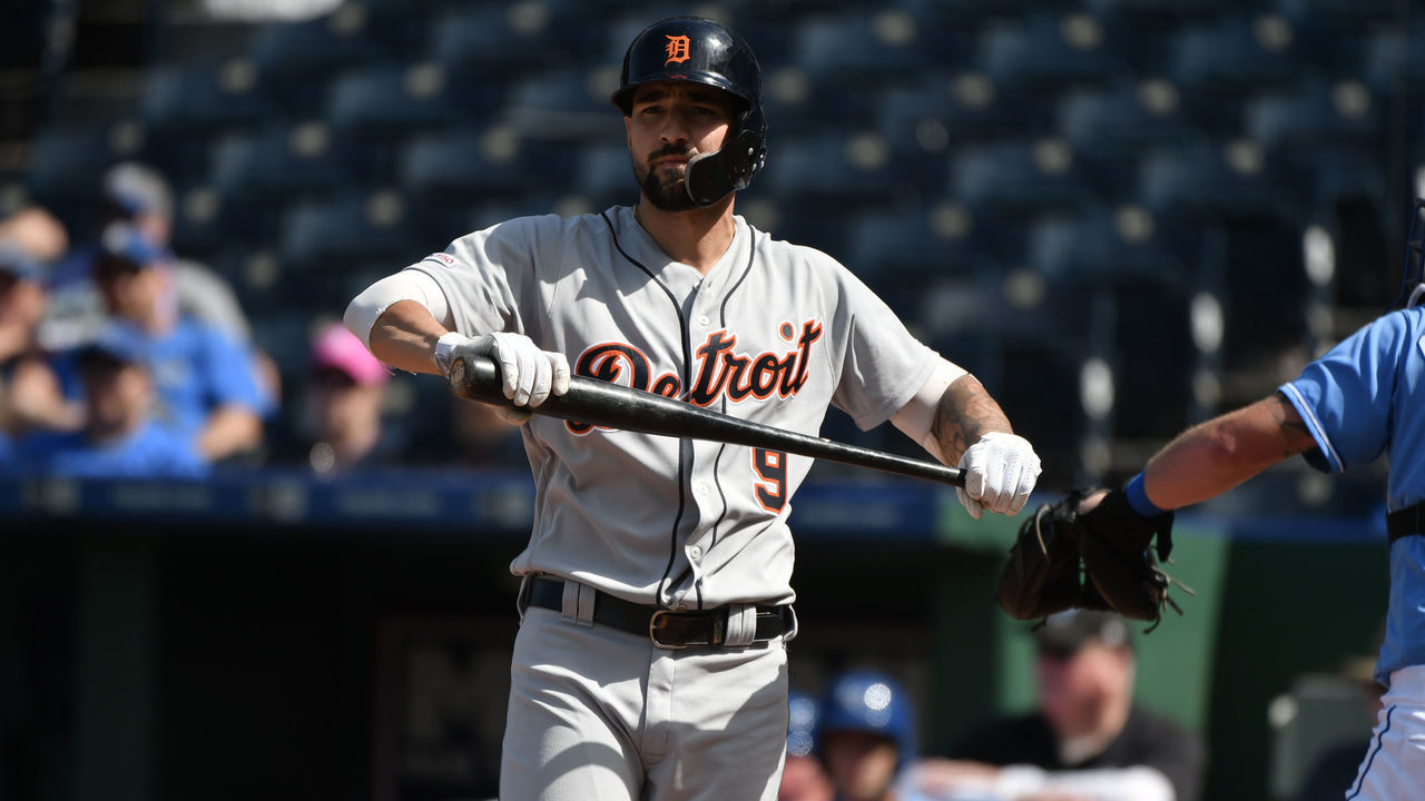 KANSAS CITY, MO - JULY 14: Nicholas Castellanos #9 of the Detroit Tigers hits against the Kansas City Royals at Kauffman Stadium on July 14, 2019 in Kansas City, Missouri.
