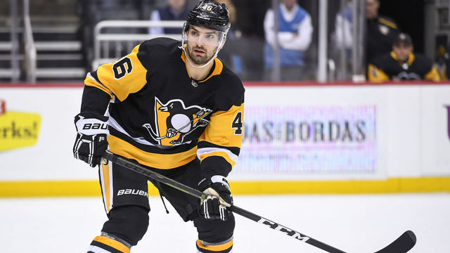 PITTSBURGH, PA - MARCH 05: Pittsburgh Penguins Left Wing Zach Aston-Reese (46) skates during the third period in the NHL game between the Pittsburgh Penguins and the Florida Panthers on March 5, 2019, at PPG Paints Arena in Pittsburgh, PA.