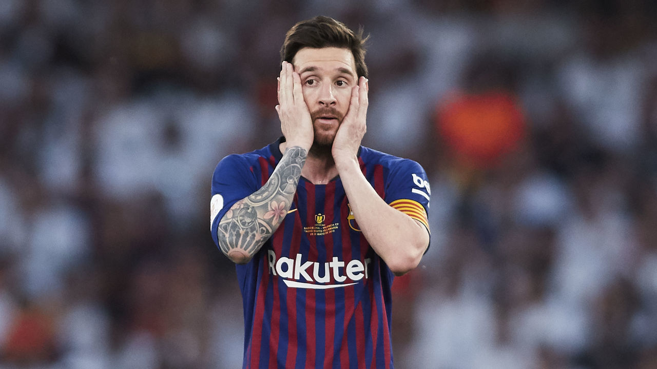 SEVILLE, SPAIN - MAY 25: Lionel Messi of Barcelona reacts during the Spanish Copa del Rey Final match between Barcelona and Valencia at Estadio Benito Villamarin on May 25, 2019 in Seville, .