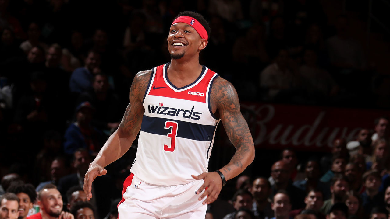 NEW YORK, NY - APRIL 7: Bradley Beal #3 of the Washington Wizards smiles against the New York Knicks on April 7, 2019 at Madison Square Garden in New York City, New York. Mandatory Copyright Notice: Copyright 2019 NBAE