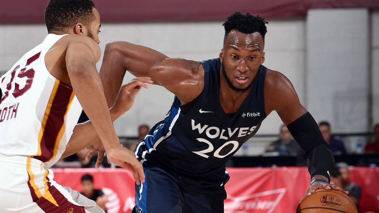 Las Vegas, NV - JULY 5: Josh Okogie #20 of the Minnesota Timberwolves handles the ball during the game against the Cleveland Cavaliers during Day 1 of the 2019 Las Vegas Summer League on July 5, 2019 at the Cox Pavilion in Las Vegas, Nevada. Mandatory Copyright Notice: Copyright 2019 NBAE