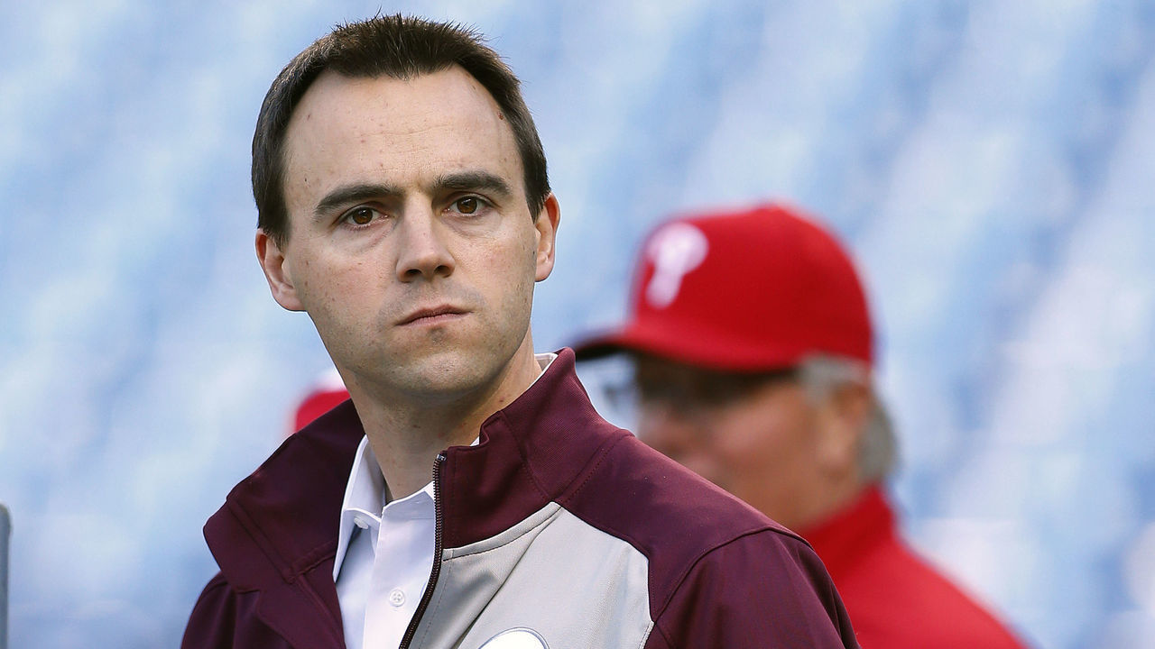 PHILADELPHIA, PA - APRIL 15: Matt Klentak, Vice President and General Manager of the Philadelphia Phillies looks on from behind the batting cage before the start of an MLB game against the Washington Nationals at Citizens Bank Park on April 15, 2016 in Philadelphia, Pennsylvania.