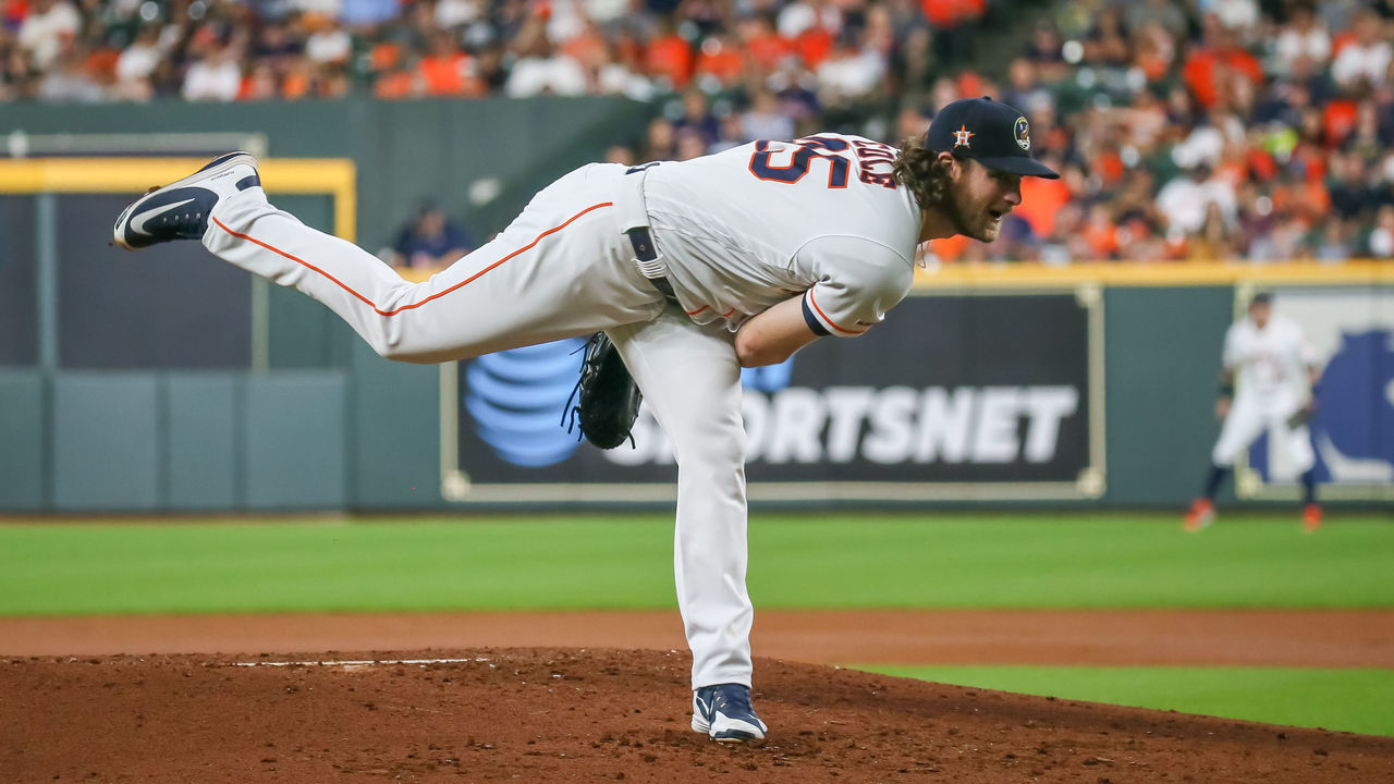 HOUSTON, TX - JULY 22: Houston Astros starting pitcher Gerrit Cole (45) watches his pitch during the baseball game between the Oakland Athletics and Houston Astros on July 22, 2019 at Minute Maid Park in Houston, Texas.