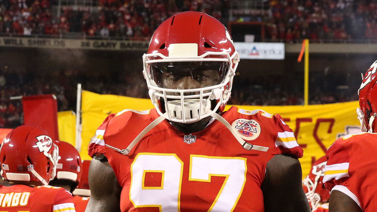 KANSAS CITY, MO - JANUARY 20: Kansas City Chiefs defensive end Allen Bailey (97) before the AFC Championship Game game between the New England Patriots and Kansas City Chiefs on January 20, 2019 at Arrowhead Stadium in Kansas City, MO.