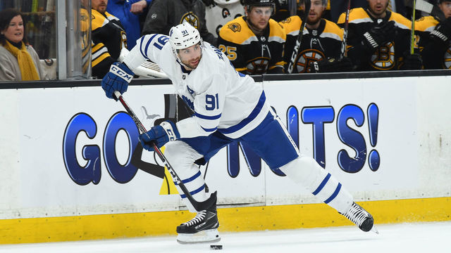 BOSTON, MA - APRIL 23: John Tavares #91 of the Toronto Maple Leafs skates against the Boston Bruins in Game Seven of the Eastern Conference First Round during the 2019 NHL Stanley Cup Playoffs at the TD Garden on April 23, 2019 in Boston, Massachusetts.