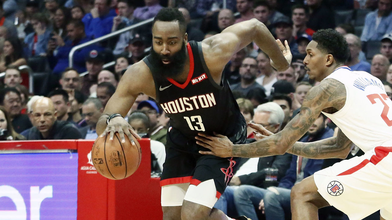 LOS ANGELES, CA - APRIL 3: James Harden #13 of the Houston Rockets handles the ball during the game against the LA Clippers on April 3, 2019 at STAPLES Center in Los Angeles, California. NOTE TO USER: User expressly acknowledges and agrees that, by downloading and/or using this Photograph, user is consenting to the terms and conditions of the Getty Images License Agreement. Mandatory Copyright Notice: Copyright 2019 NBAE