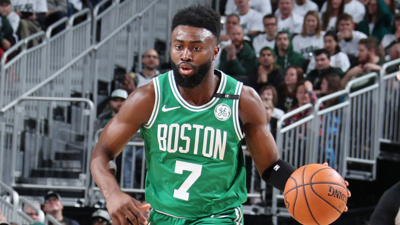 MILWAUKEE, WI - APRIL 30: Jaylen Brown #7 of the Boston Celtics handles the ball against the Milwaukee Bucks during Game Two of the Eastern Conference Semi Finals of the 2019 NBA Playoffs on April 30, 2019 at the Fiserv Forum Center in Milwaukee, Wisconsin. Mandatory Copyright Notice: Copyright 2019 NBAE .