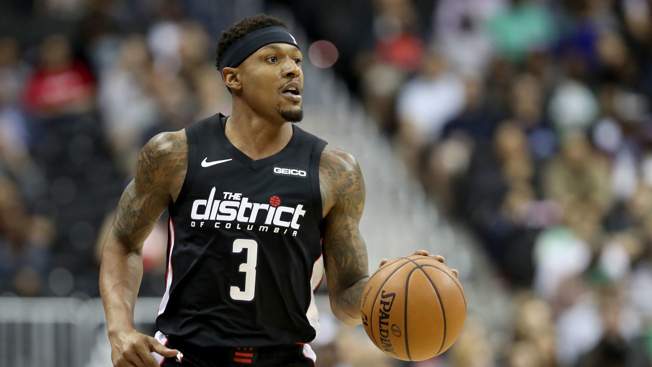 WASHINGTON, DC - APRIL 09: Bradley Beal #3 of the Washington Wizards dribbles the ball against the Boston Celtics in the first half at Capital One Arena on April 09, 2019 in Washington, DC.
