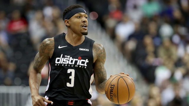 WASHINGTON, DC - APRIL 09: Bradley Beal #3 of the Washington Wizards dribbles the ball against the Boston Celtics in the first half at Capital One Arena on April 09, 2019 in Washington, DC.