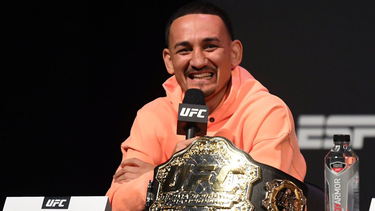 LAS VEGAS, NEVADA - JULY 05: UFC featherweight champion Max Holloway interacts with the media during the UFC seasonal press conference at T-Mobile Arena on July 5, 2019 in Las Vegas, Nevada.