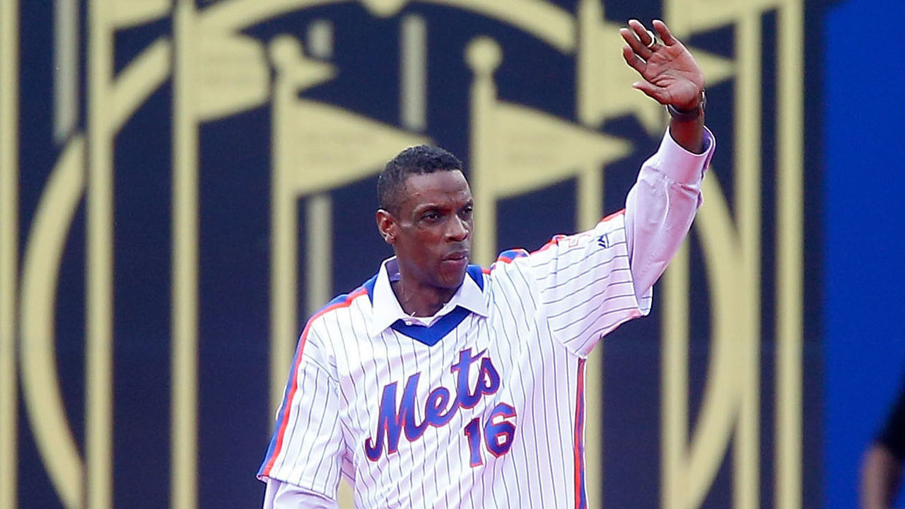 NEW YORK, NY - MAY 28: (NEW YORK DAILIES OUT) 1986 New York Mets Alumni Dwight Gooden is introduced during a ceremony prior to a game against the Los Angeles Dodgers at Citi Field on Saturday, May 28, 2016 in the Queens Borough of New York City. The Dodgers defeated the Mets 9-1.
