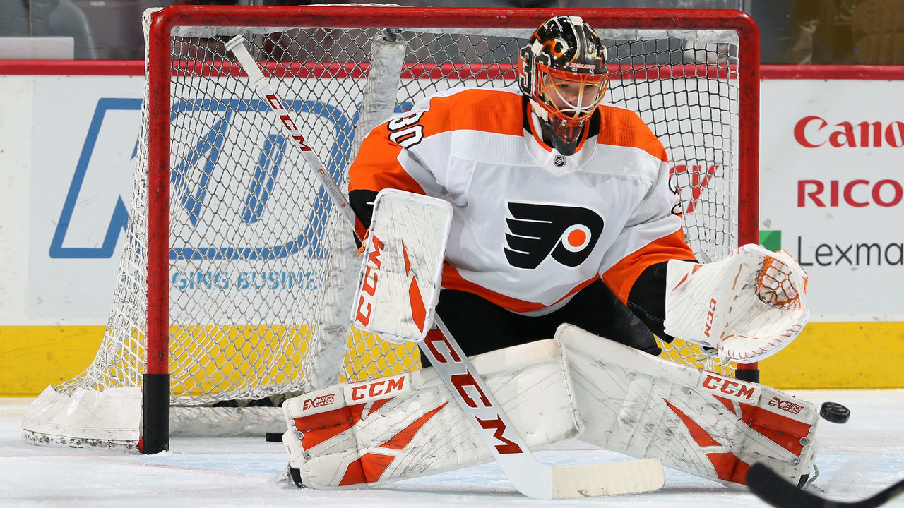 PHILADELPHIA, PA - JANUARY 03: Michal Neuvirth #30 of the Philadelphia Flyers warms up against the Carolina Hurricanes on January 3, 2019 at the Wells Fargo Center in Philadelphia, Pennsylvania.