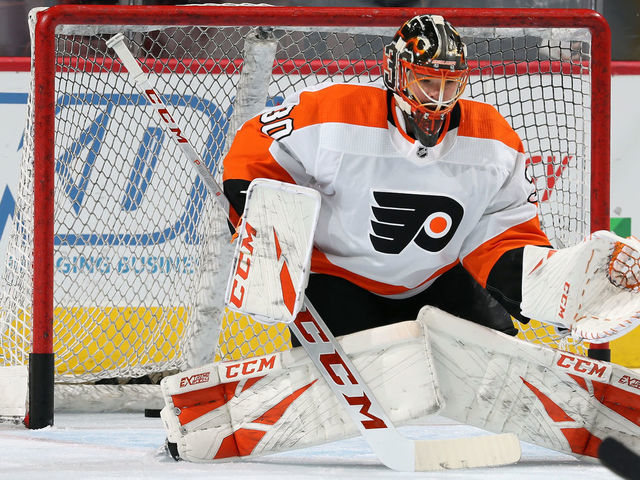 PHILADELPHIA, PA - JANUARY 03: Michal Neuvirth #30 of the Philadelphia Flyers warms up against the Carolina Hurricanes on January 3, 2019 at the Wells Fargo Center in Philadelphia, Pennsylvania.