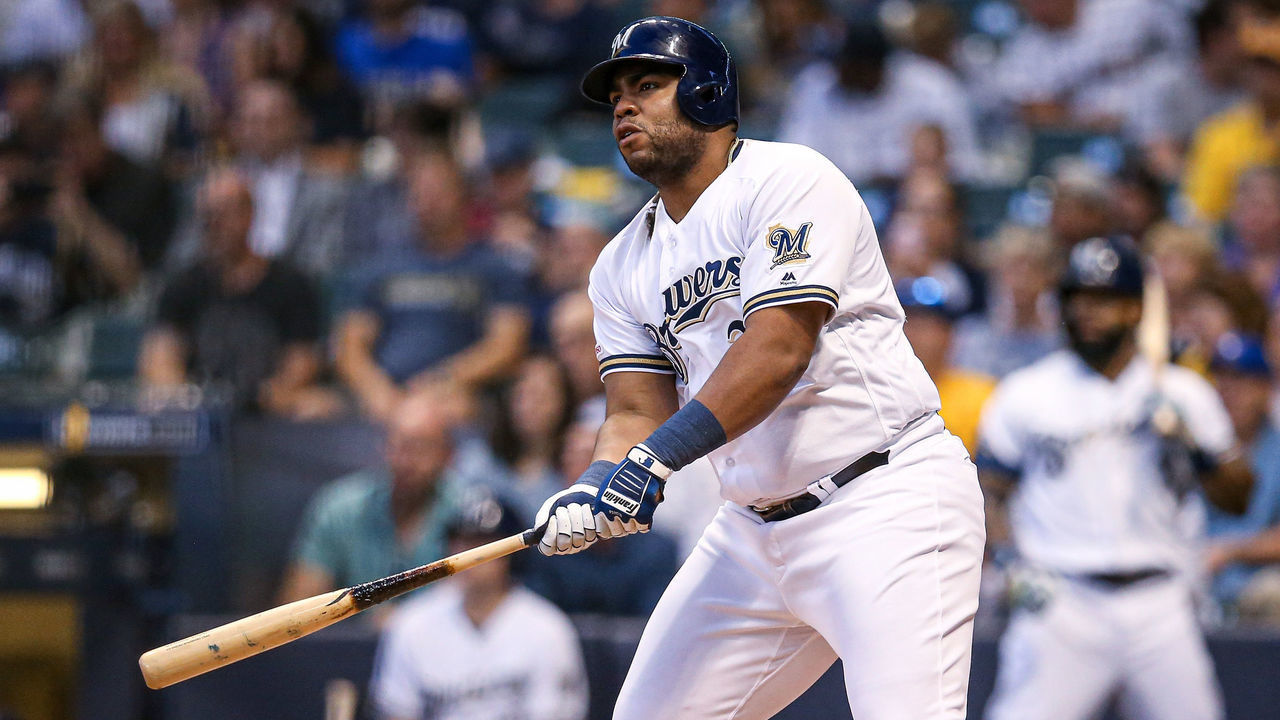 MILWAUKEE, WISCONSIN - JULY 22: Jesus Aguilar #24 of the Milwaukee Brewers hits a double in the fourth inning at Miller Park on July 22, 2019 in Milwaukee, Wisconsin.