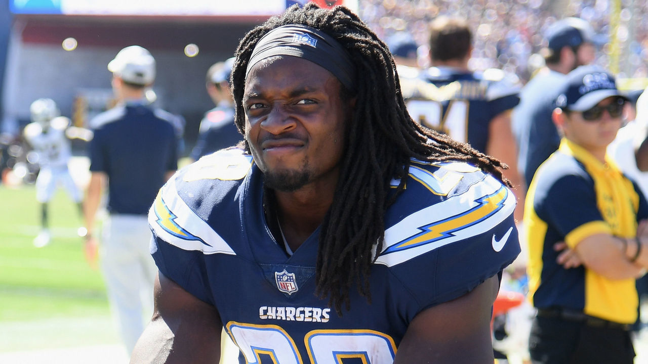 LOS ANGELES, CA - SEPTEMBER 23: Melvin Gordon #28 of the Los Angeles Chargers gets taped up on the sidelines during the second quarter of the game against the Los Angeles Rams at Los Angeles Memorial Coliseum on September 23, 2018 in Los Angeles, California.
