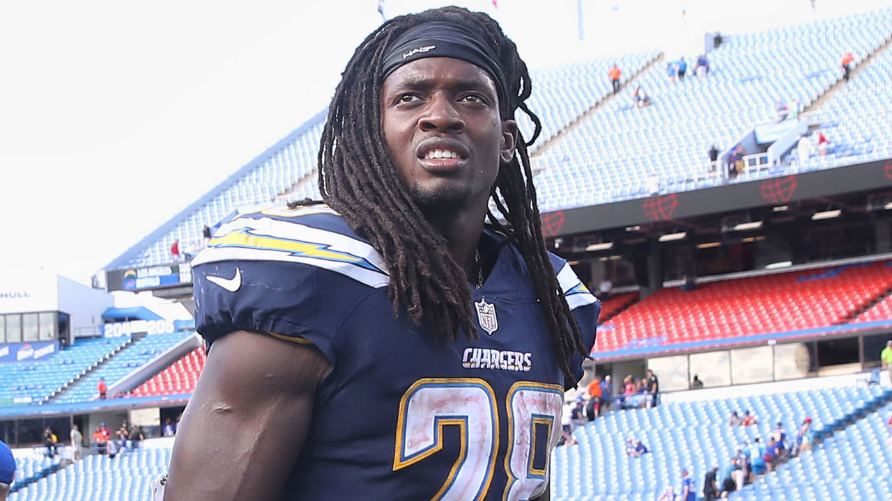 BUFFALO, NY - SEPTEMBER 16: Melvin Gordon III #28 of the Los Angeles Chargers and LeSean McCoy #25 of the Buffalo Bills walk off the field after their NFL game at New Era Field on September 16, 2018 in Buffalo, New York.