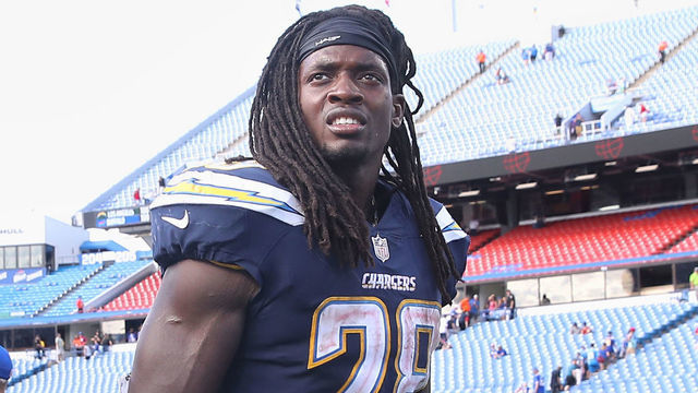 BUFFALO, NY - SEPTEMBER 16: Melvin Gordon III #28 of the Los Angeles Chargers and LeSean McCoy #25 of the Buffalo Bills walk off the field after their NFL game at New Era Field on September 16, 2018 in Buffalo, New York.