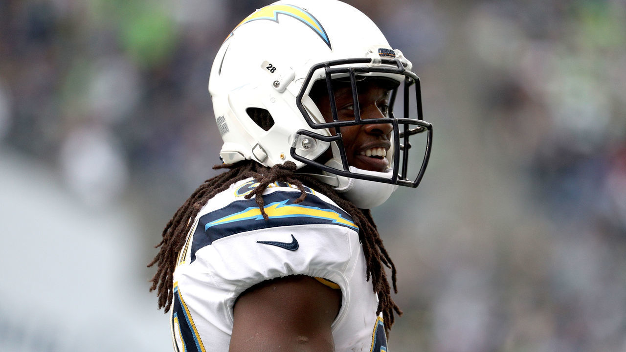 SEATTLE, WA - NOVEMBER 04: Melvin Gordon #28 of the Los Angeles Chargers reacts against the Seattle Seahawks in the second quarter during their game at CenturyLink Field on November 4, 2018 in Seattle, Washington.