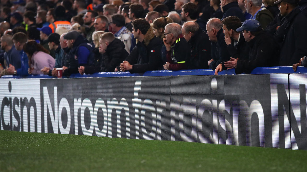 LONDON, ENGLAND - APRIL 08: No Room For Racism campaign hoardings are displayed during the Premier League match between Chelsea FC and West Ham United at Stamford Bridge on April 08, 2019 in London, United Kingdom.