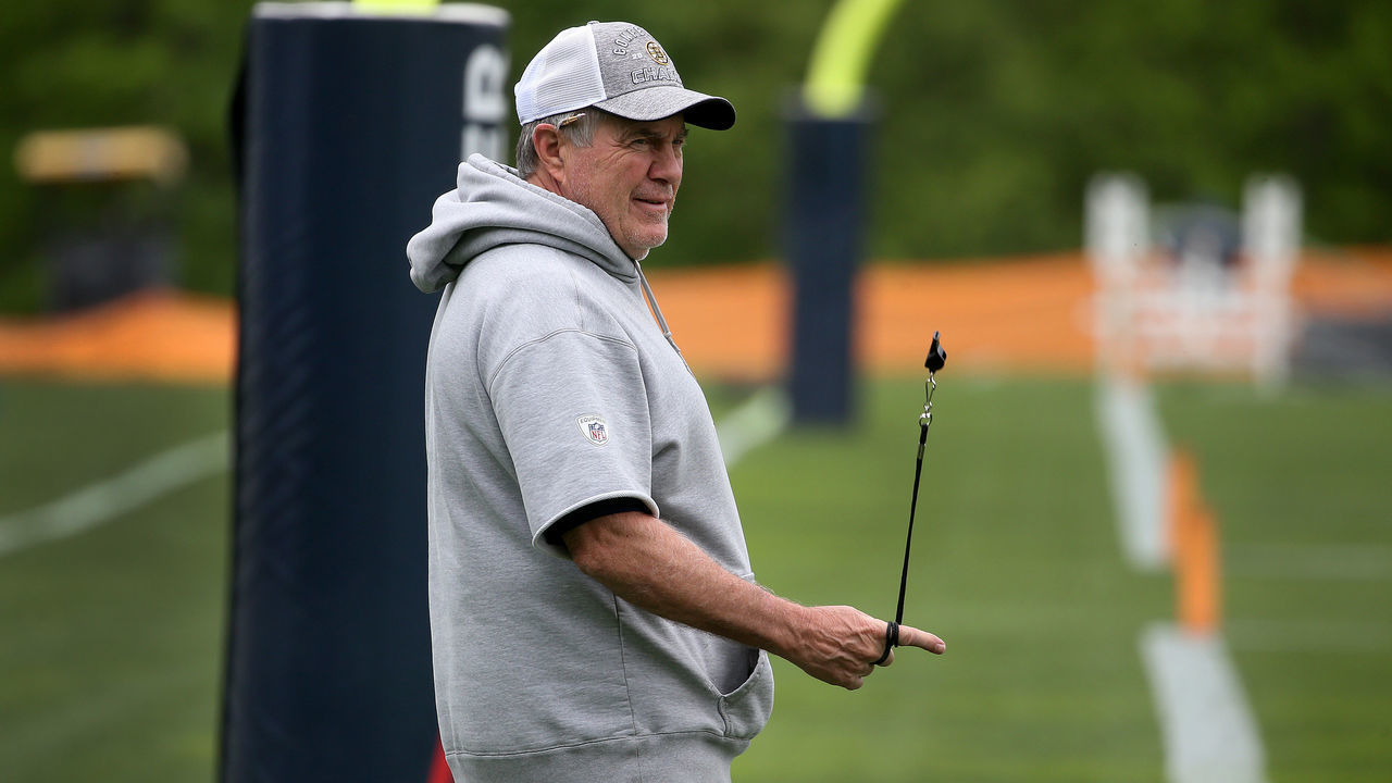 FOXBOROUGH, MA - MAY 23: New England Patriots head coach Bill Belichick looks on during New England Patriots offseason organized team activities at Gillette Stadium in Foxborough, MA on May 23, 2019.