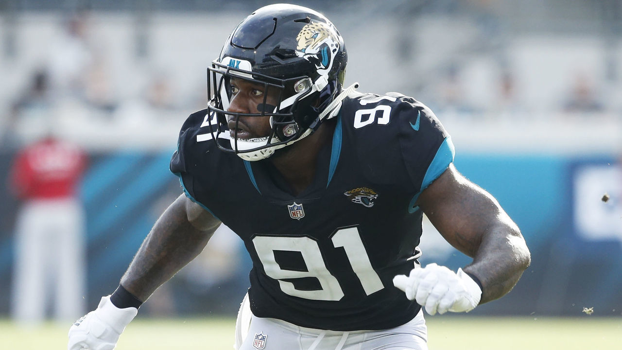 JACKSONVILLE, FL - DECEMBER 02: Yannick Ngakoue #91 of the Jacksonville Jaguars in action during the game against the Indianapolis Colts at TIAA Bank Field on December 2, 2018 in Jacksonville, Florida. The Jaguars won 6-0.