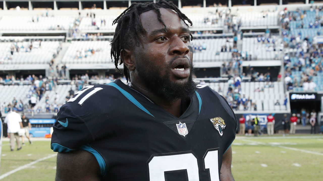 JACKSONVILLE, FL - DECEMBER 02: Yannick Ngakoue #91 of the Jacksonville Jaguars looks on after the game against the Indianapolis Colts at TIAA Bank Field on December 2, 2018 in Jacksonville, Florida. The Jaguars won 6-0.