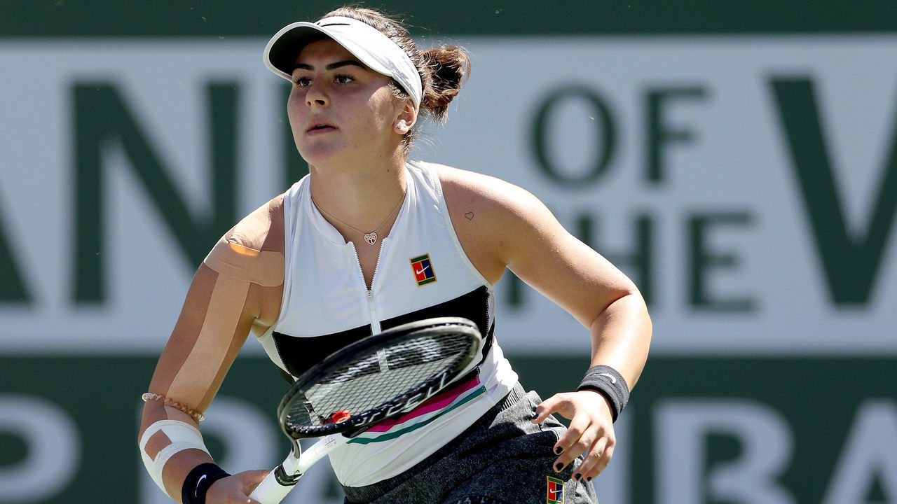 INDIAN WELLS, CALIFORNIA - MARCH 17: Bianca Andreescu of Canada plays Angelique Kerber of Germany during the women's final of the BNP Paribas Open at the Indian Wells Tennis Garden on March 17, 2019 in Indian Wells, California.