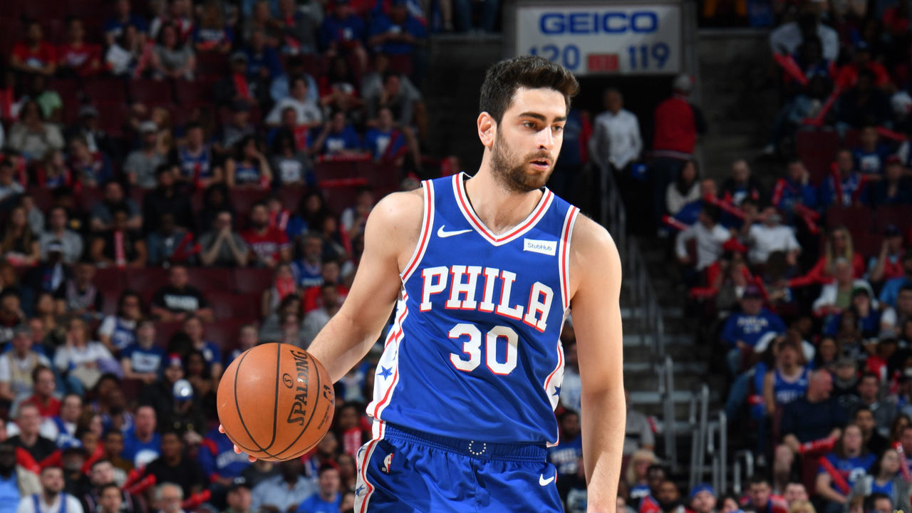 PHILADELPHIA, PA - April 23: Furkan Korkmaz #30 of the Philadelphia 76ers handles the ball against the Brooklyn Nets during Round One Game Five of the 2019 NBA Playoffs on April 23, 2019 at the Wells Fargo Center in Philadelphia, Pennsylvania NOTE TO USER: User expressly acknowledges and agrees that, by downloading and/or using this Photograph, user is consenting to the terms and conditions of the Getty Images License Agreement. Mandatory Copyright Notice: Copyright 2019 NBAE