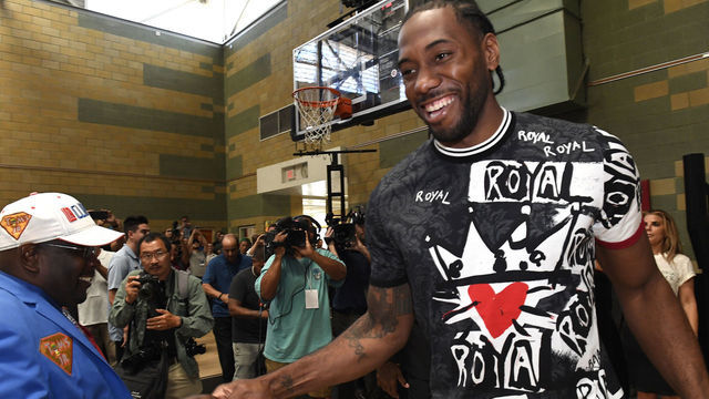 LOS ANGELES, CALIFORNIA - JULY 24: Kawhi Leonard of the Los Angeles Clippers arrives to his introductory press conference at Green Meadows Recreation Center on July 24, 2019 in Los Angeles, California.