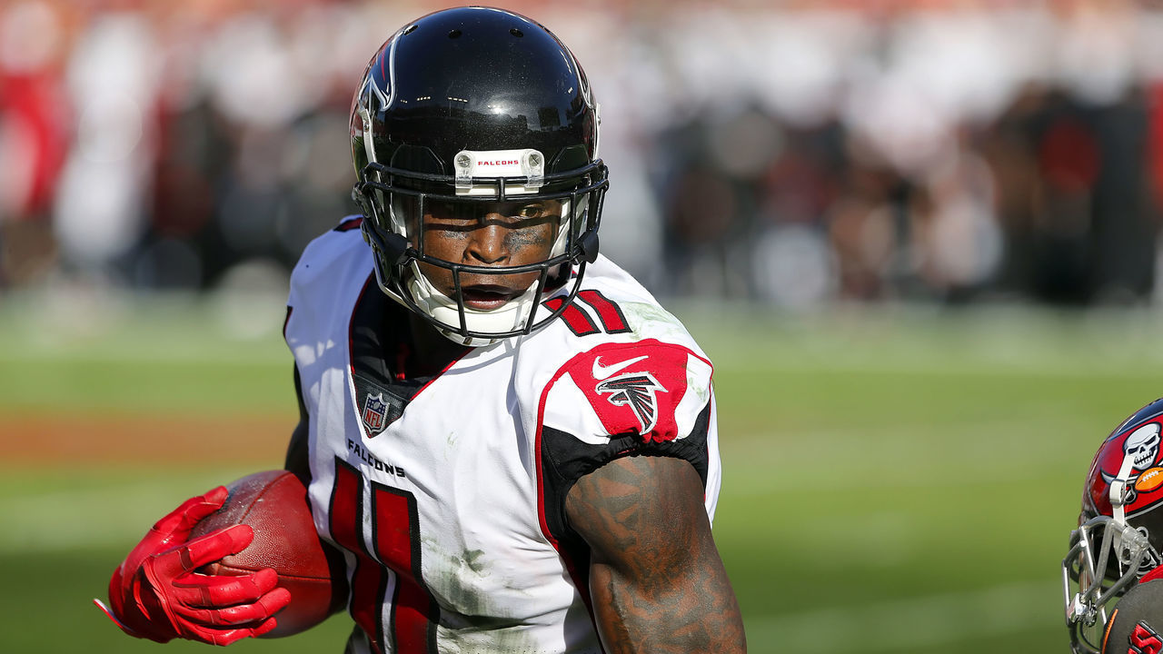 TAMPA, FL - DEC 30: Julio Jones (11) of the Falcons makes a catch and turns upfield during the regular season game between the Atlanta Falcons and the Tampa Bay Buccaneers on December 30, 2018 at Raymond James Stadium in Tampa, Florida.