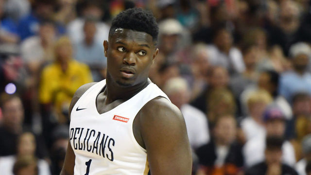 LAS VEGAS, NEVADA - JULY 05: Zion Williamson #1 of the New Orleans Pelicans walks on the court during a game against the New York Knicks during the 2019 NBA Summer League at the Thomas & Mack Center on July 5, 2019 in Las Vegas, Nevada.