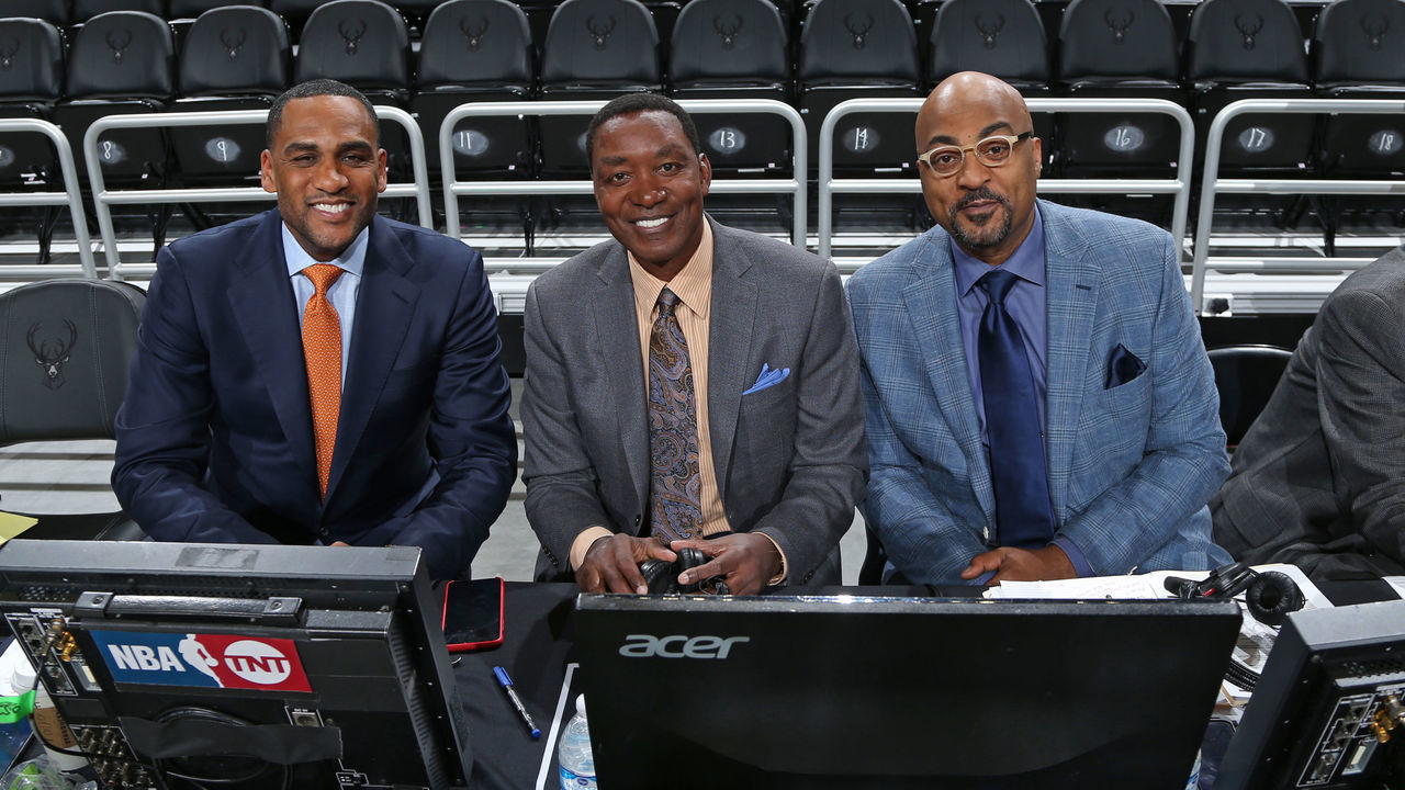 MILWAUKEE, WI - MARCH 26: Players Only NBA Analysts Steve Smith, Isaiah Thomas, and Dennis Scott pose for a photograph before the game between the Houston Rockets and Milwaukee Bucks on March 26, 2019 at the Fiserv Forum in Milwaukee, Wisconsin. Mandatory Copyright Notice: Copyright 2019 NBAE