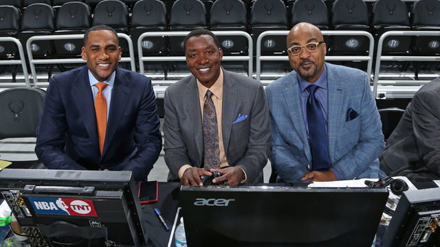 MILWAUKEE, WI - MARCH 26: Players Only NBA Analysts Steve Smith, Isaiah Thomas, and Dennis Scott pose for a photograph before the game between the Houston Rockets and Milwaukee Bucks on March 26, 2019 at the Fiserv Forum in Milwaukee, Wisconsin. Mandatory Copyright Notice: Copyright 2019 NBAE