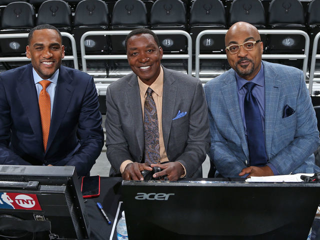 MILWAUKEE, WI - MARCH 26: Players Only NBA Analysts Steve Smith, Isaiah Thomas, and Dennis Scott pose for a photograph before the game between the Houston Rockets and Milwaukee Bucks on March 26, 2019 at the Fiserv Forum in Milwaukee, Wisconsin. Mandatory Copyright Notice: Copyright 2019 NBAE