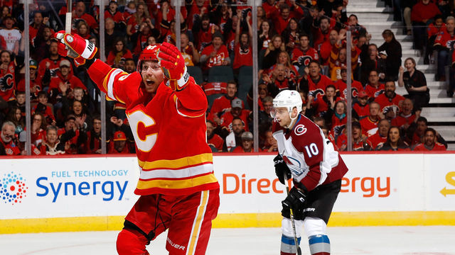 CALGARY, AB - APRIL 19: Sam Bennett #93 of the Calgary Flames celebrates a goal against the Colorado Avalanche in Game Five of the Western Conference First Round during the 2019 NHL Stanley Cup Playoffs on April 19, 2019 at the Scotiabank Saddledome in Calgary, Alberta, Canada. The goal was later called off.