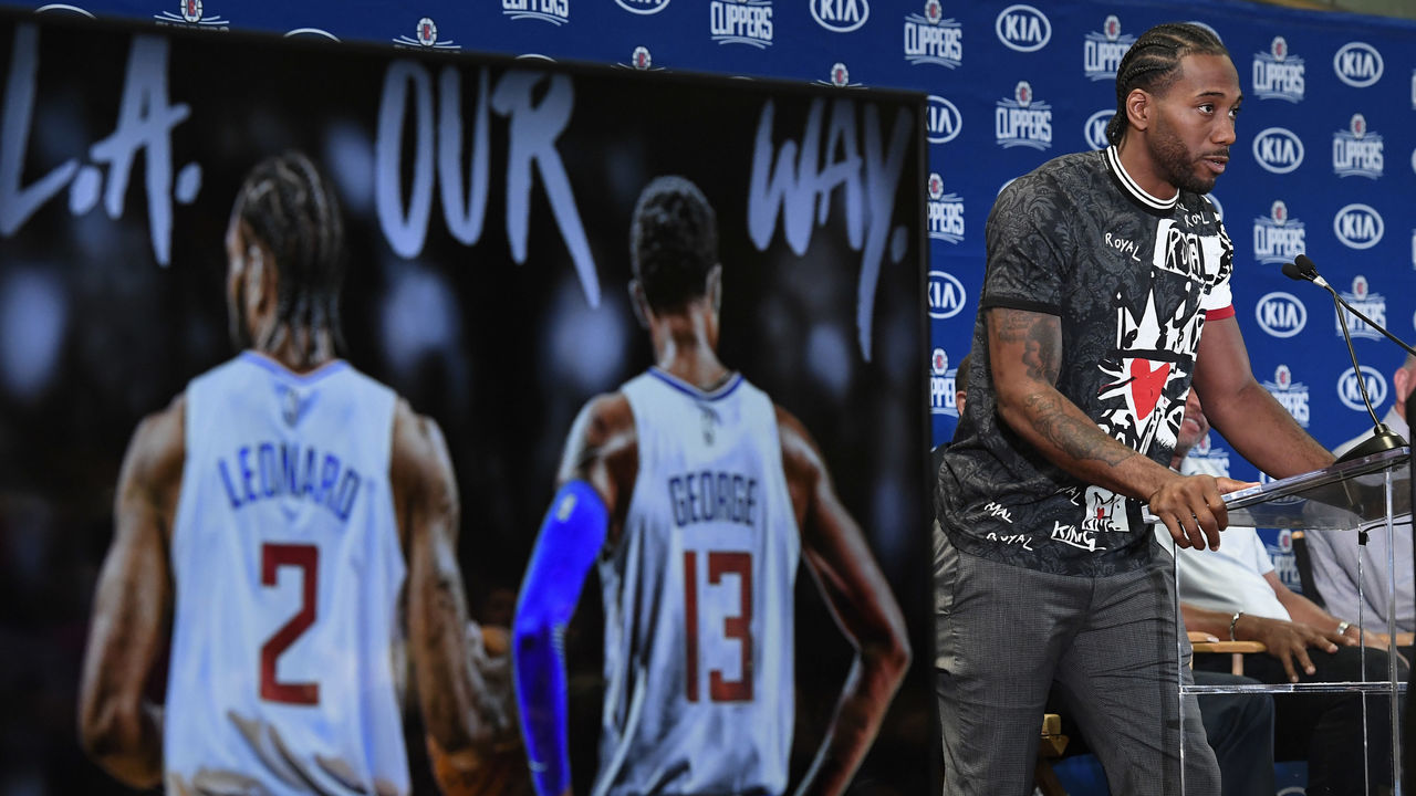 LOS ANGELES, CA - JULY 24: Kawhi Leonard speaks during his introductory news conference at Green Meadows Recreation Center on July 24, 2019 in Los Angeles, California. at Green Meadows Recreation Center on July 24, 2019 in Los Angeles, California.