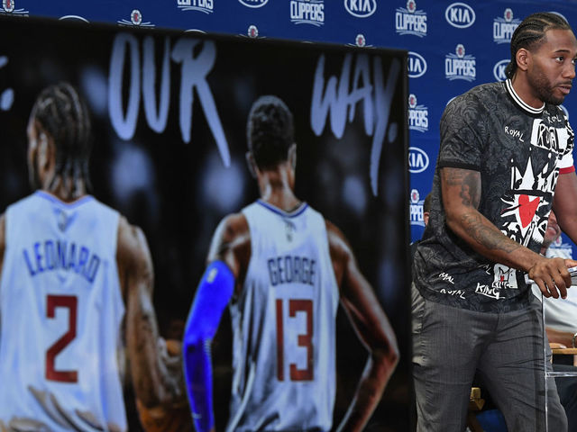 LOS ANGELES, CA - JULY 24: Kawhi Leonard speaks during his introductory news conference at Green Meadows Recreation Center on July 24, 2019 in Los Angeles, California. at Green Meadows Recreation Center on July 24, 2019 in Los Angeles, California.