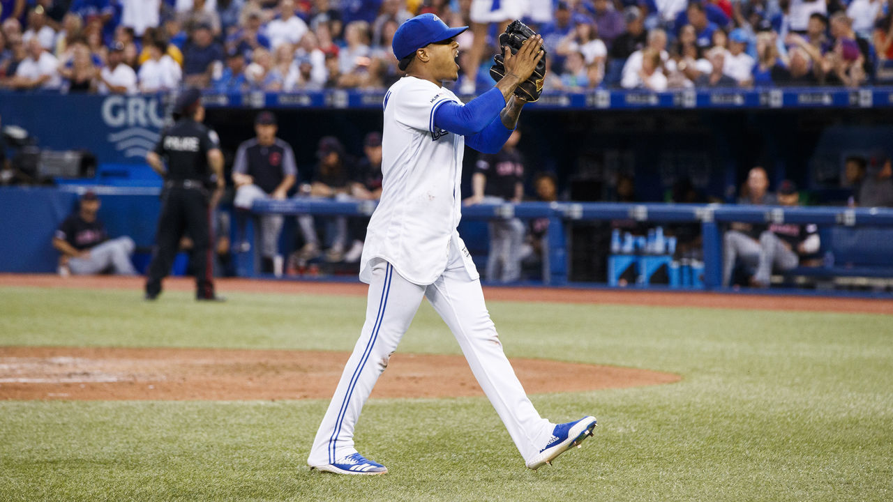 TORONTO, ONTARIO - JULY 24: Marcus Stroman #6 of the Toronto Blue Jays reacts as he walks to the dugout as he comes out of the game against Cleveland Indians in the seventh inning during their MLB game at the Rogers Centre on July 24, 2019 in Toronto, Canada.