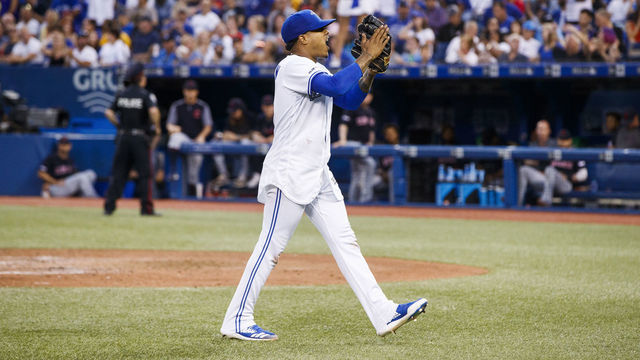 TORONTO, ONTARIO - JULY 24: Marcus Stroman #6 of the Toronto Blue Jays reacts as he walks to the dugout as he comes out of the game against Cleveland Indians in the seventh inning during their MLB game at the Rogers Centre on July 24, 2019 in Toronto, Canada.