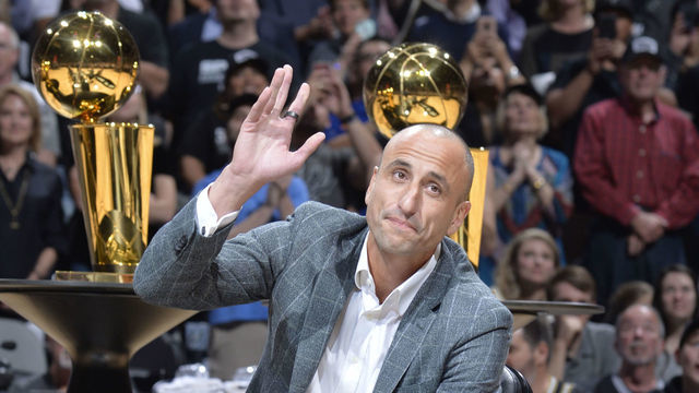 SAN ANTONIO, TX - MARCH 28: Retired San Antonio Spur Player Manu Ginobili is honored during his Jersey Retirement Ceremony after the game between the San Antonio Spurs and Cleveland Cavaliers on March 28, 2018 at the AT&T Center in San Antonio, Texas. Mandatory Copyright Notice: Copyright 2018 NBAE (Photos by Mark Sobhani/NBAE via Getty Images)