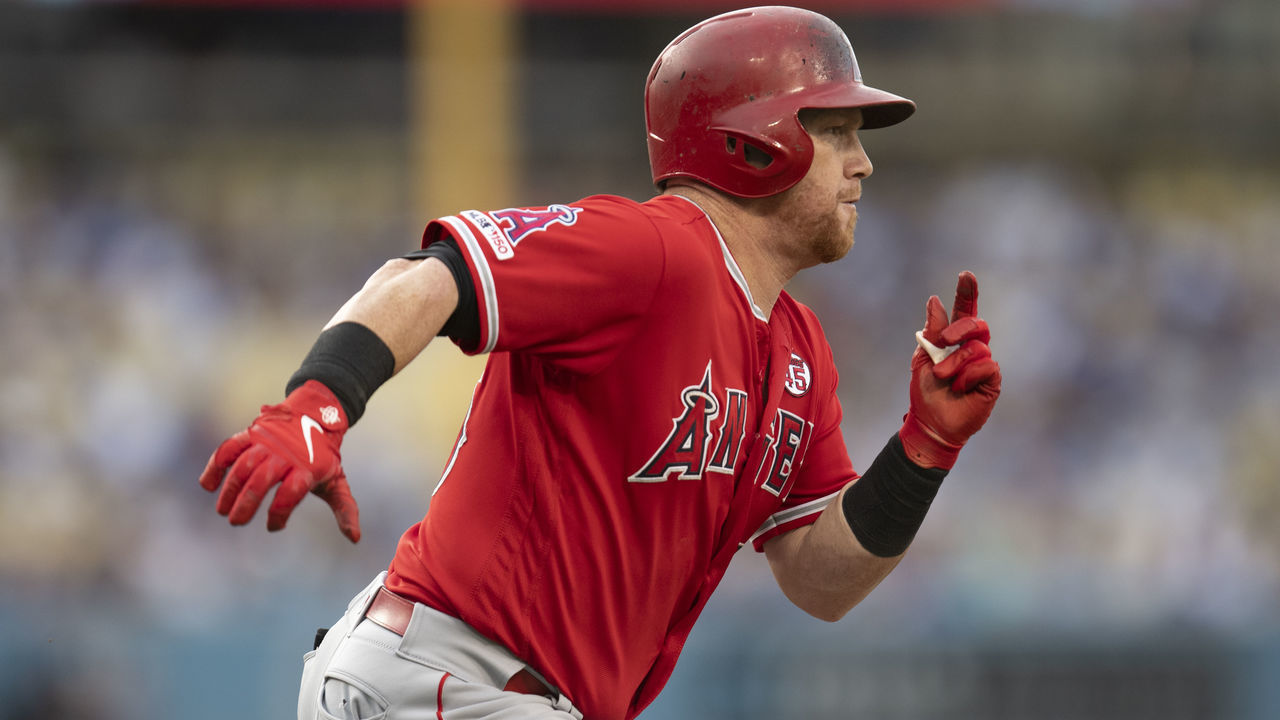 LOS ANGELES, CA - JULY 24: Kole Calhoun #56 of the Los Angeles Angels sprints after hitting an RBI double during the first inning in a baseball game on July 24, 2019 at Dodger Stadium in Los Angeles, CA.