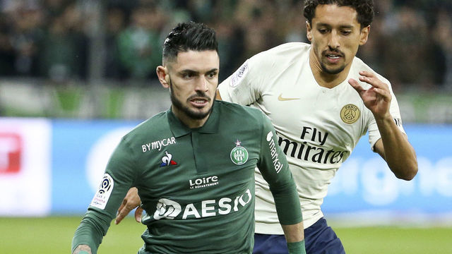 SAINT-ETIENNE, FRANCE - FEBRUARY 17: Remy Cabella of Saint-Etienne, Marquinhos of PSG during the French Ligue 1 match between AS Saint-Etienne (ASSE) and Paris Saint-Germain (PSG) at Stade Geoffroy-Guichard on February 17, 2019 in Saint-Etienne, France.