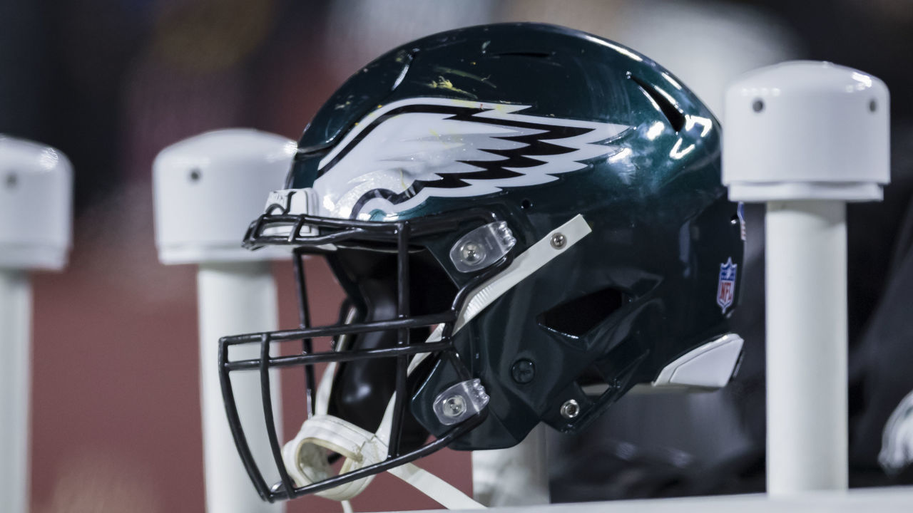 LANDOVER, MD - DECEMBER 30: A general view of a Philadelphia Eagles helmet on the sidelines during the second half against the Washington Redskins at FedExField on December 30, 2018 in Landover, Maryland.
