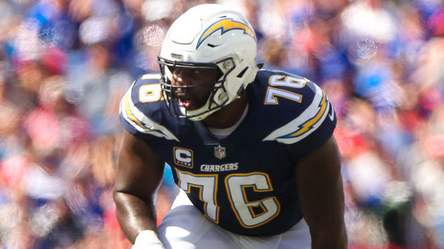 BUFFALO, NY - SEPTEMBER 16: Los Angeles Chargers offensive tackle Russell Okung (76) blocks during a game between the San Diego Chargers and the Buffalo Bills on September 16, 2018, at New Era Field in Orchard Park, NY.