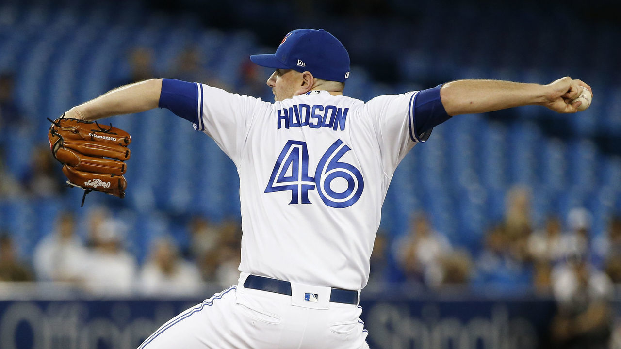 TORONTO, ON - JULY 24: Toronto Blue Jays relief pitcher Daniel Hudson (46) works in relief. Toronto Blue Jays Vs Cleveland Indians in MLB play at Rogers Centre in Toronto. Jays lose 3-0. Toronto Star/Rick Madonik (Rick Madonik/Toronto Star via Getty Images)